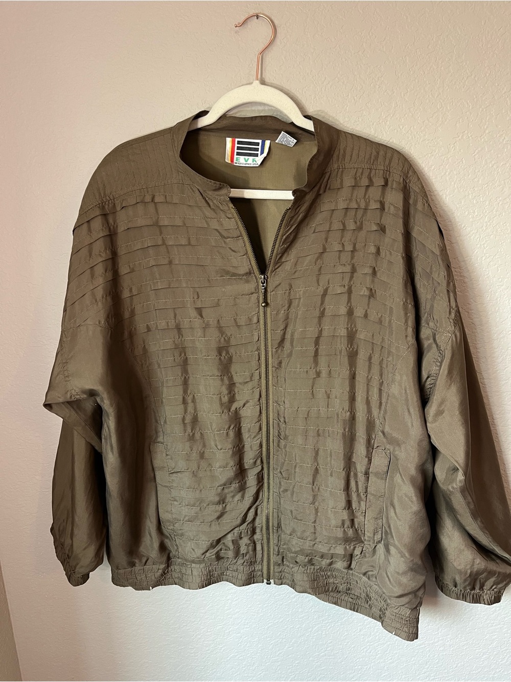 Vintage EVR 100% Silk Bomber Jacket L Taupe Quiet Luxury 90s Rare